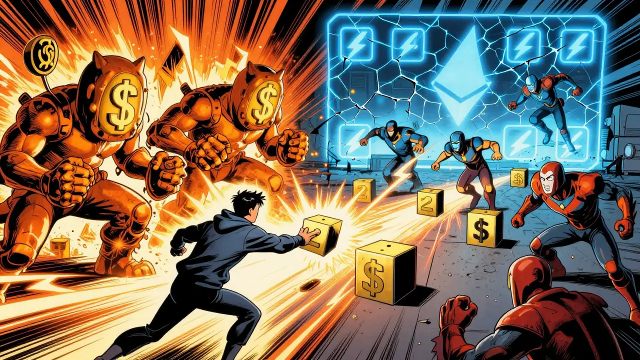 A user battling giant gas fee monsters as Layer 2 heroes rescue a blocked crypto transaction.