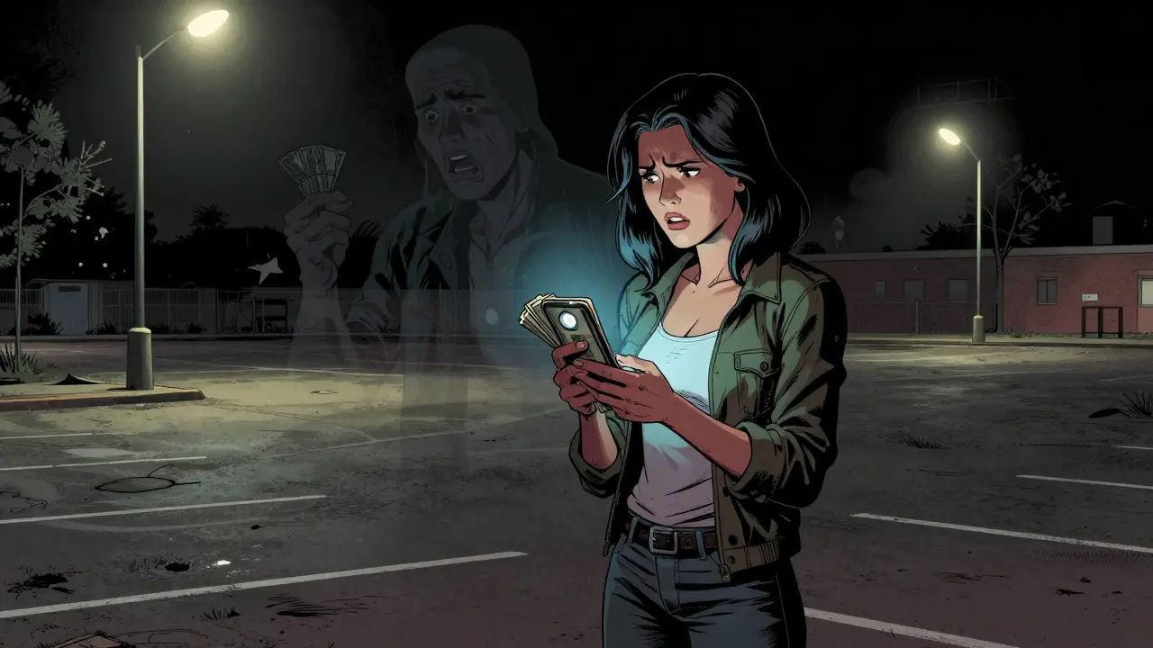 A woman stares at her phone confirming a Bitcoin transaction, a ghostly scammer fading behind her in a dark parking lot.
