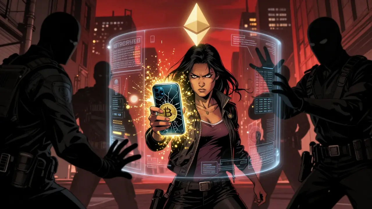 An activist sending crypto through a blockchain portal while shadowy agents fail to stop her.