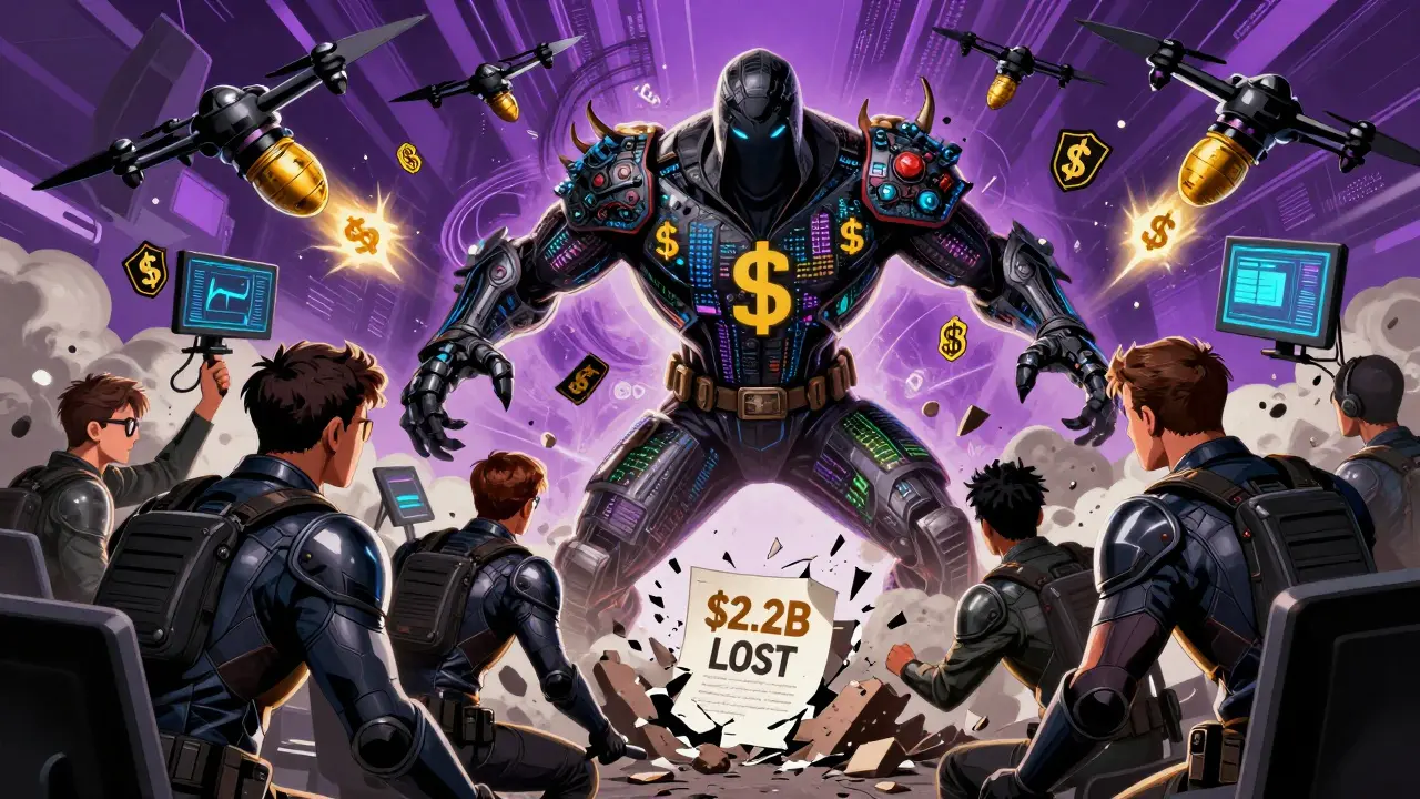 Auditors battling a code monster while bug bounty heroes and monitoring drones assist.