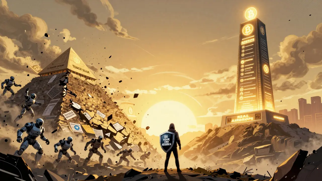 Collapse of a TOWER scam pyramid versus a shining monument for real airdrops under a sunrise.