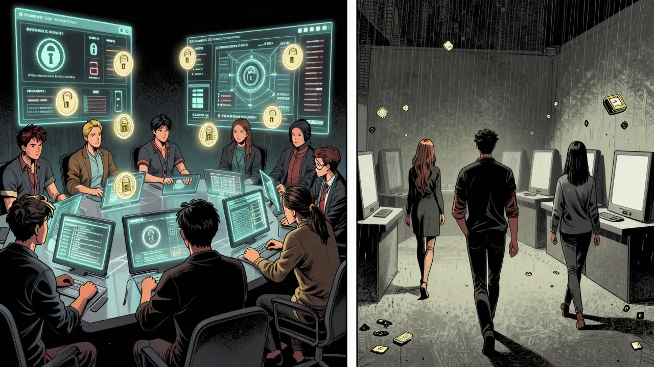 Contrasting scenes of active voting for GENS tokens versus users walking away from empty terminals.