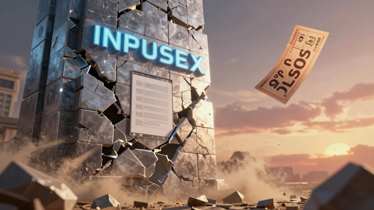 Crumbling digital monument labeled 'INPULSEX' disintegrating into dust with a fading lottery ticket floating by.