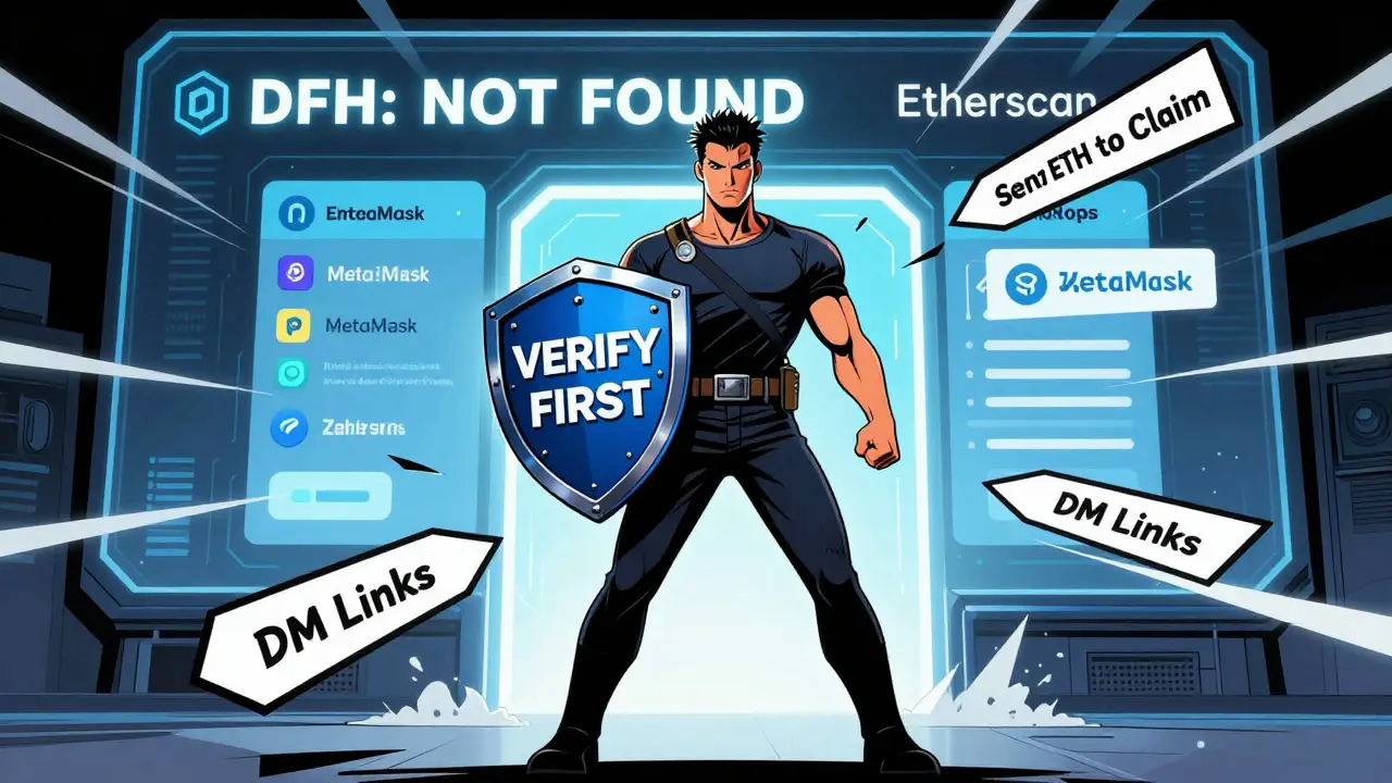 Crypto user dodging scam arrows while standing before a blockchain screen showing 'DFH: NOT FOUND'.