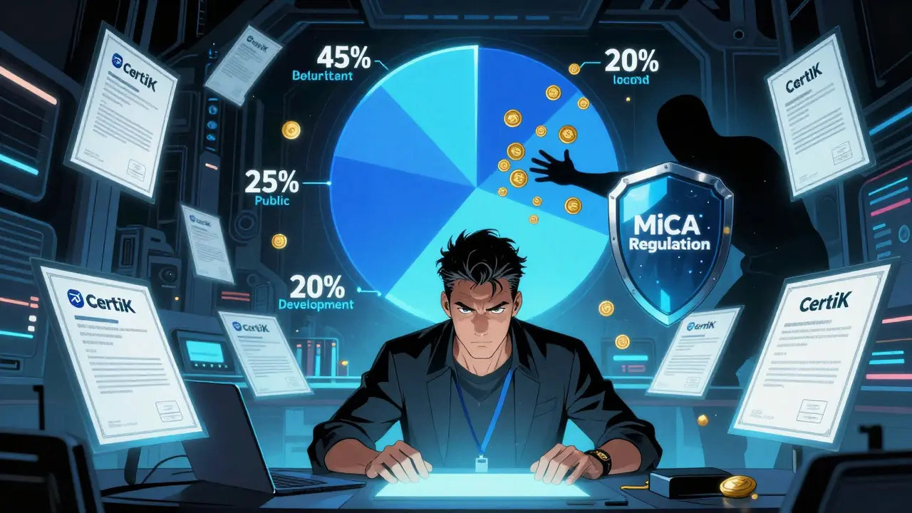 Developer surrounded by audit certificates and token distribution chart, shielded from thieves by MiCA Regulation.