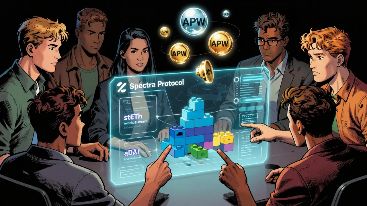 Developers build DeFi yield markets using modular blocks, with APW governance tokens orbiting above.