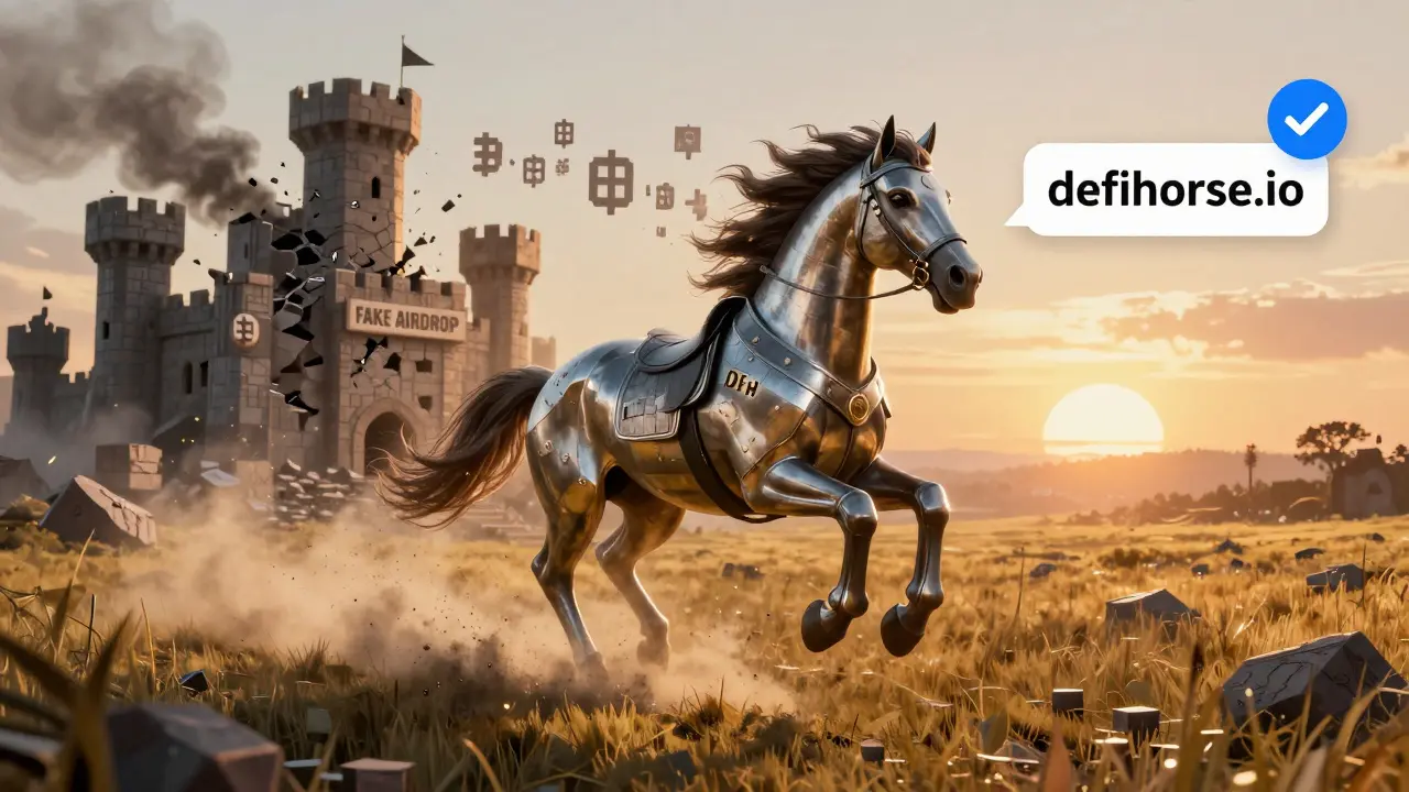 Digital horse NFT galloping through blockchain prairie toward a verified website in the sunrise.