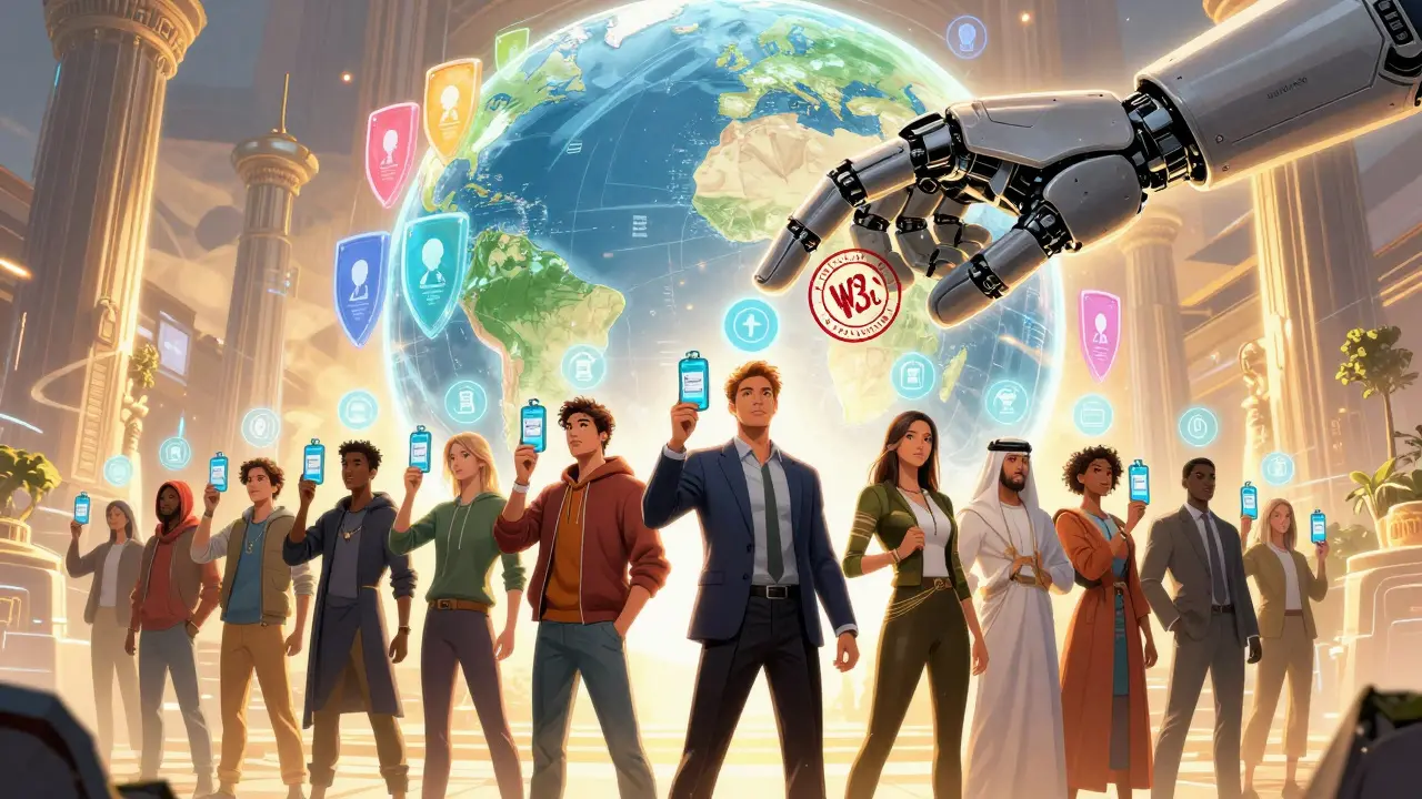 Diverse group of people in a digital agora, each with a unique blockchain ID token and jurisdictional data shields above them.