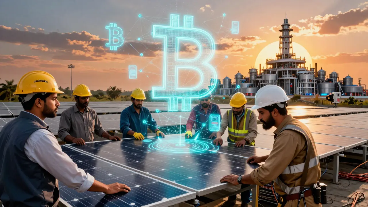Engineers installing solar panels on data center as holographic Bitcoin and AI networks float above.