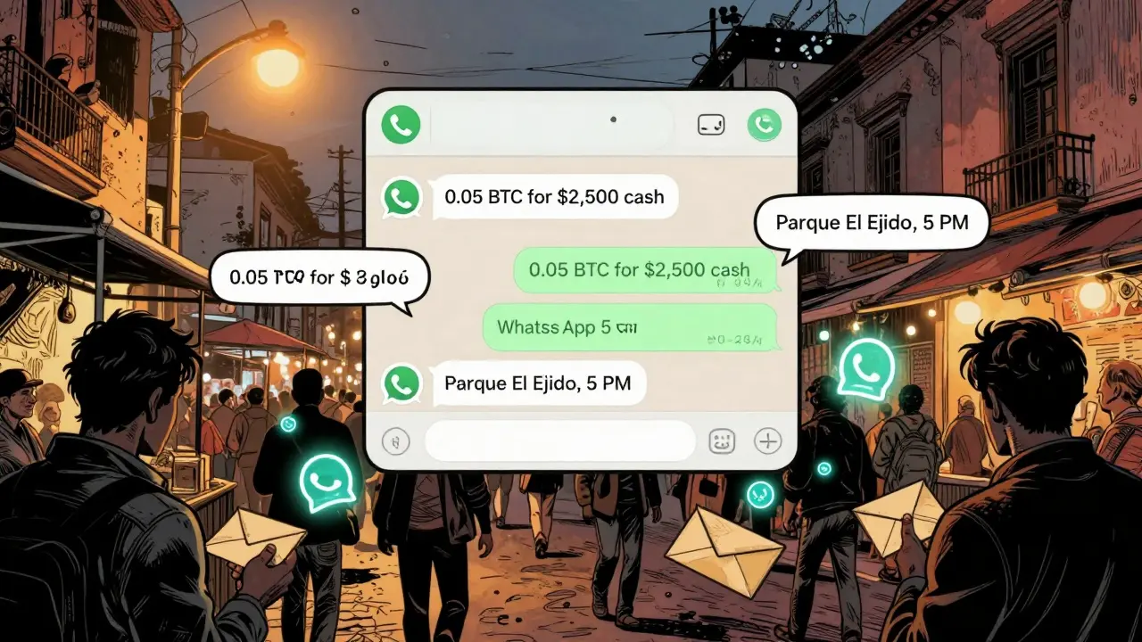 Floating WhatsApp chat messages above a Quito street as people secretly trade crypto in the bustling market.