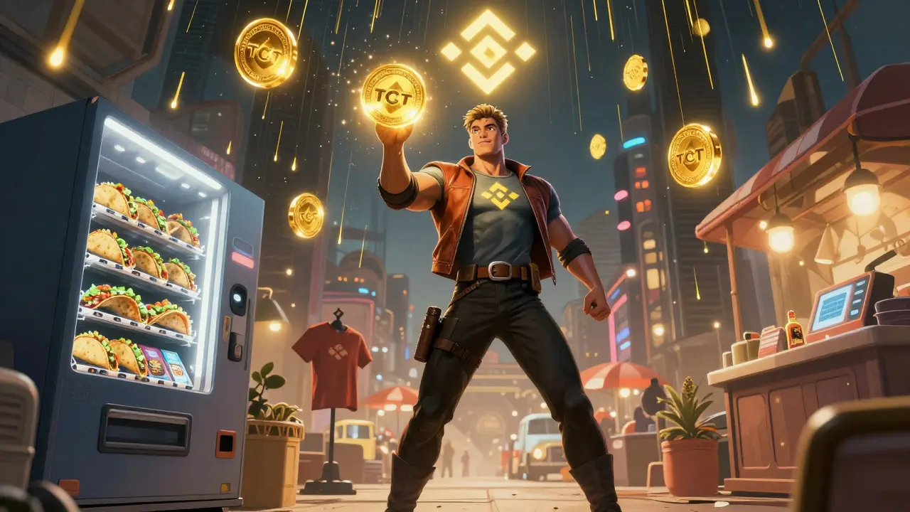 Hero in futuristic market holding TCT token that powers vending machines selling food and merch.