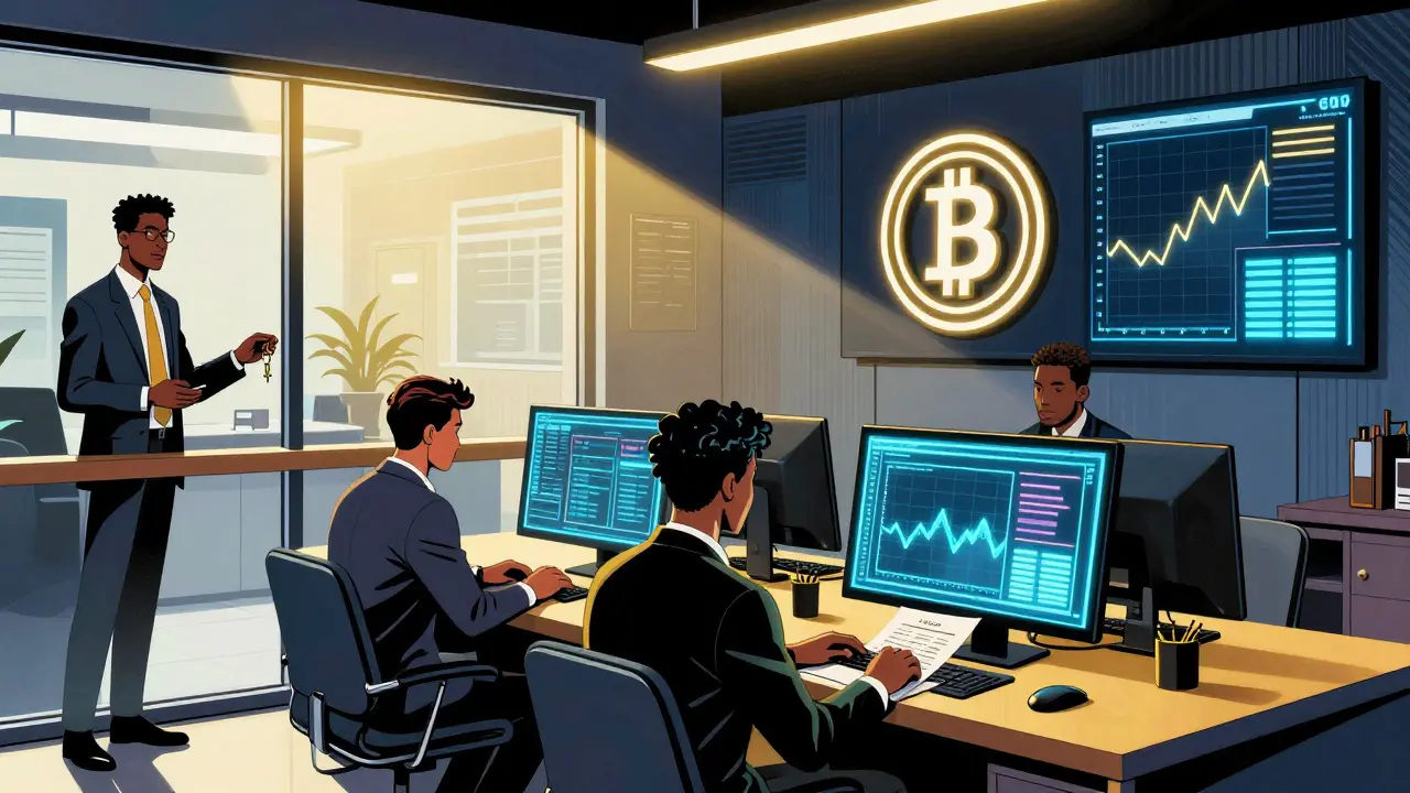 Licensed crypto office with staff verifying KYC, bank representative handing key to founder in 2023 Nigeria.