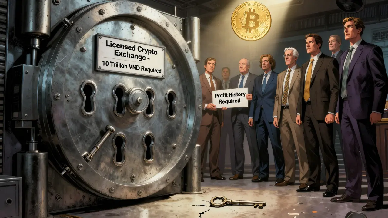 Locked vault for licensed crypto exchange with empty keyholes, corporate giants hesitating outside, Vietnamese dong eclipsing Bitcoin.