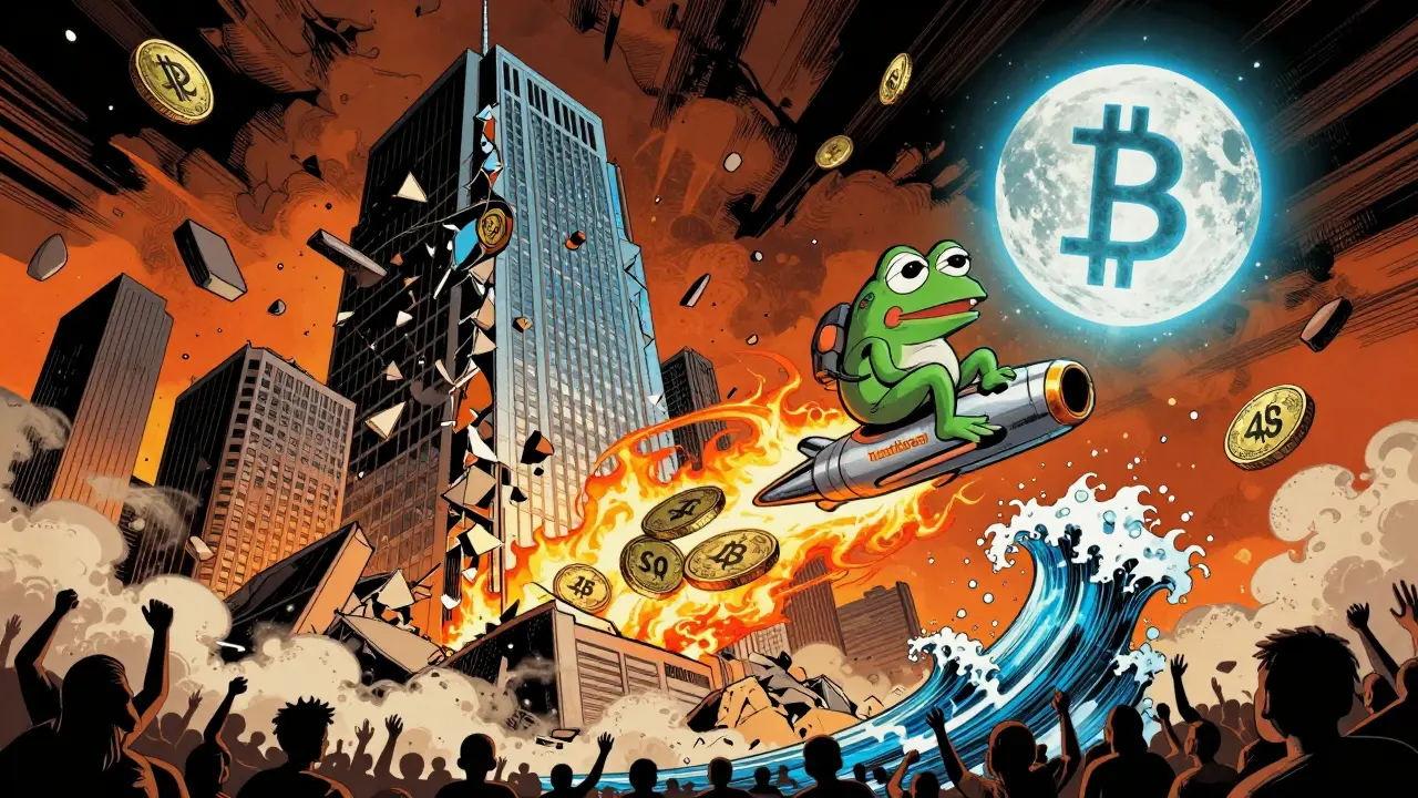Pepe the Frog rides burning tokens on a jetpack toward a crypto wallet moon as traditional finance crumbles below.