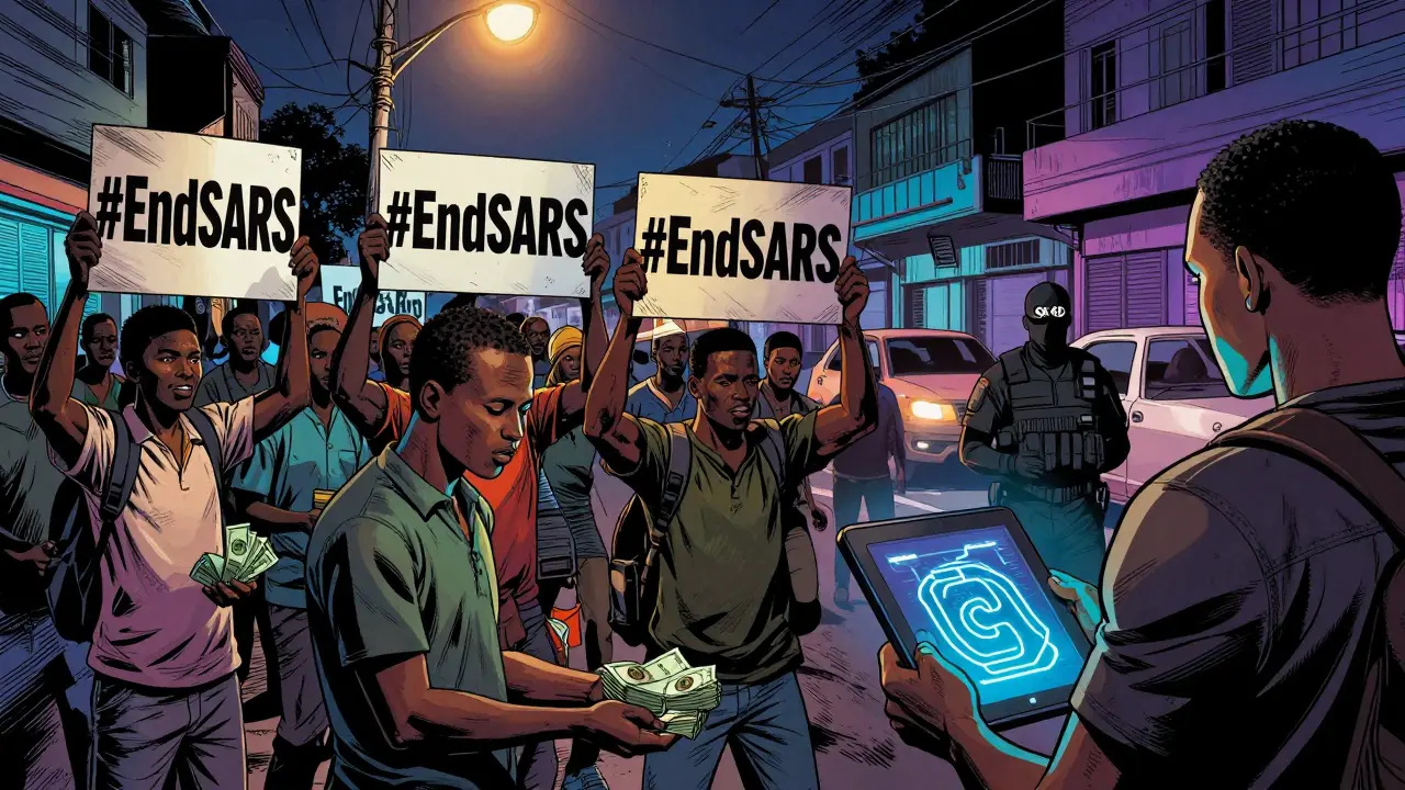 Protesters in Lagos trade Bitcoin via cash at night while SEC agent monitors blockchain activity.