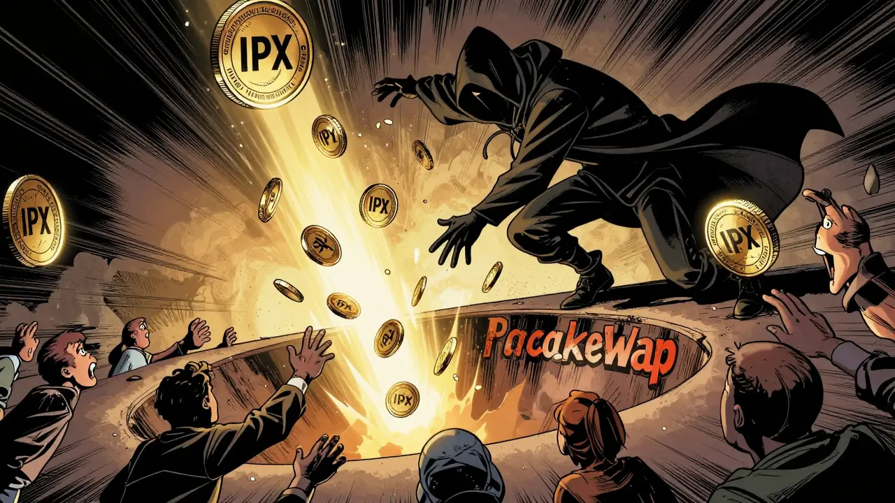 Shadowy figure dumping billions of IPX tokens into a void labeled PancakeSwap as investors reach helplessly.