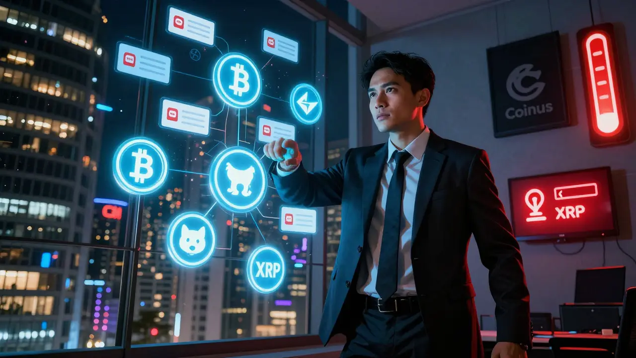 Singaporean trader surrounded by floating crypto icons and leverage meter at night.
