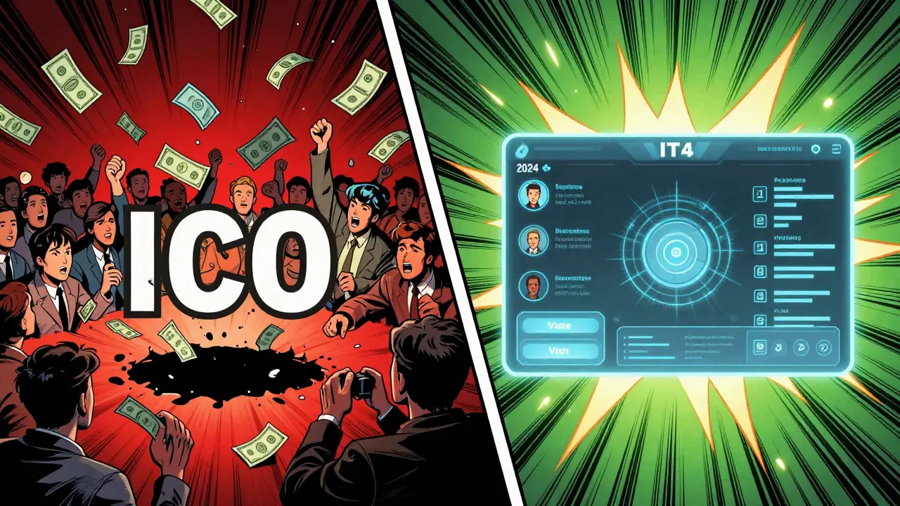 Split scene: chaotic ICO scam black hole vs. clean ITO dashboard with staking and voting features in vibrant colors.