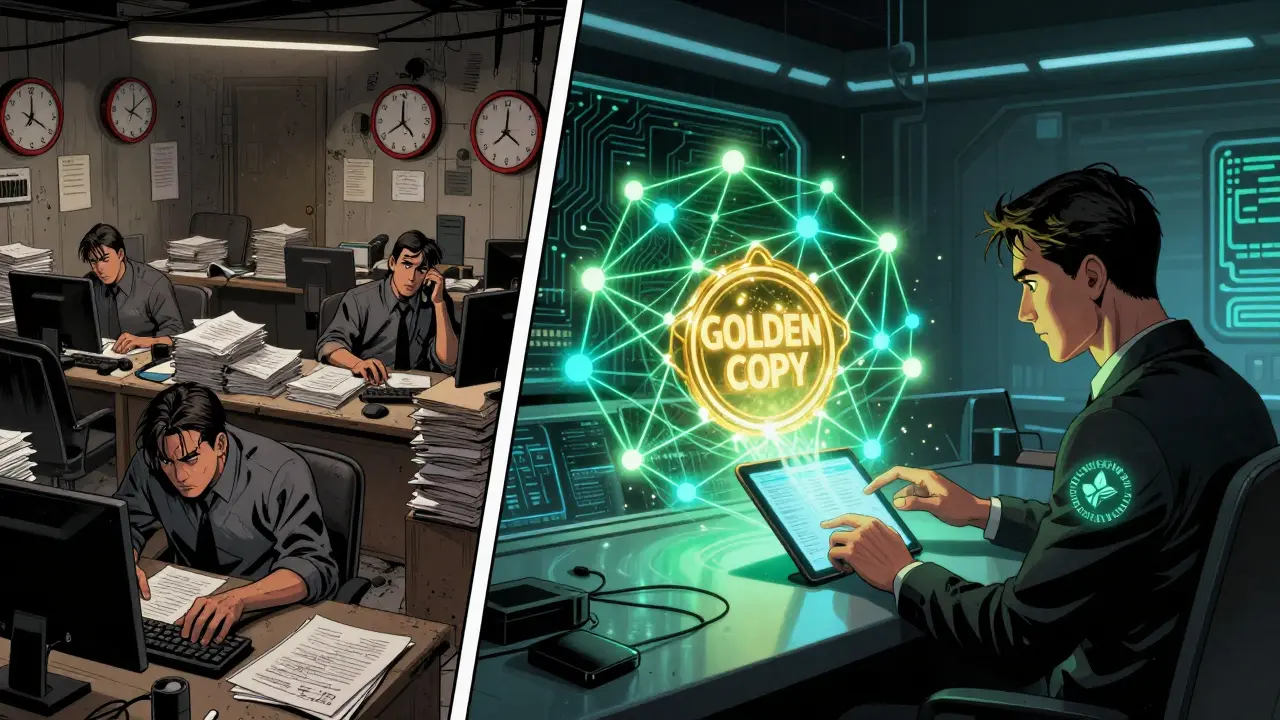 Split scene: chaotic paper-filled bank office vs. futuristic blockchain control room with a pulsing golden copy symbol.