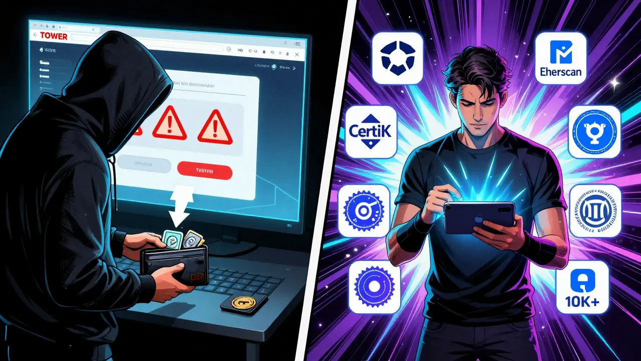 Split scene: hacker stealing crypto vs. user safely using a testnet with verified security signs.