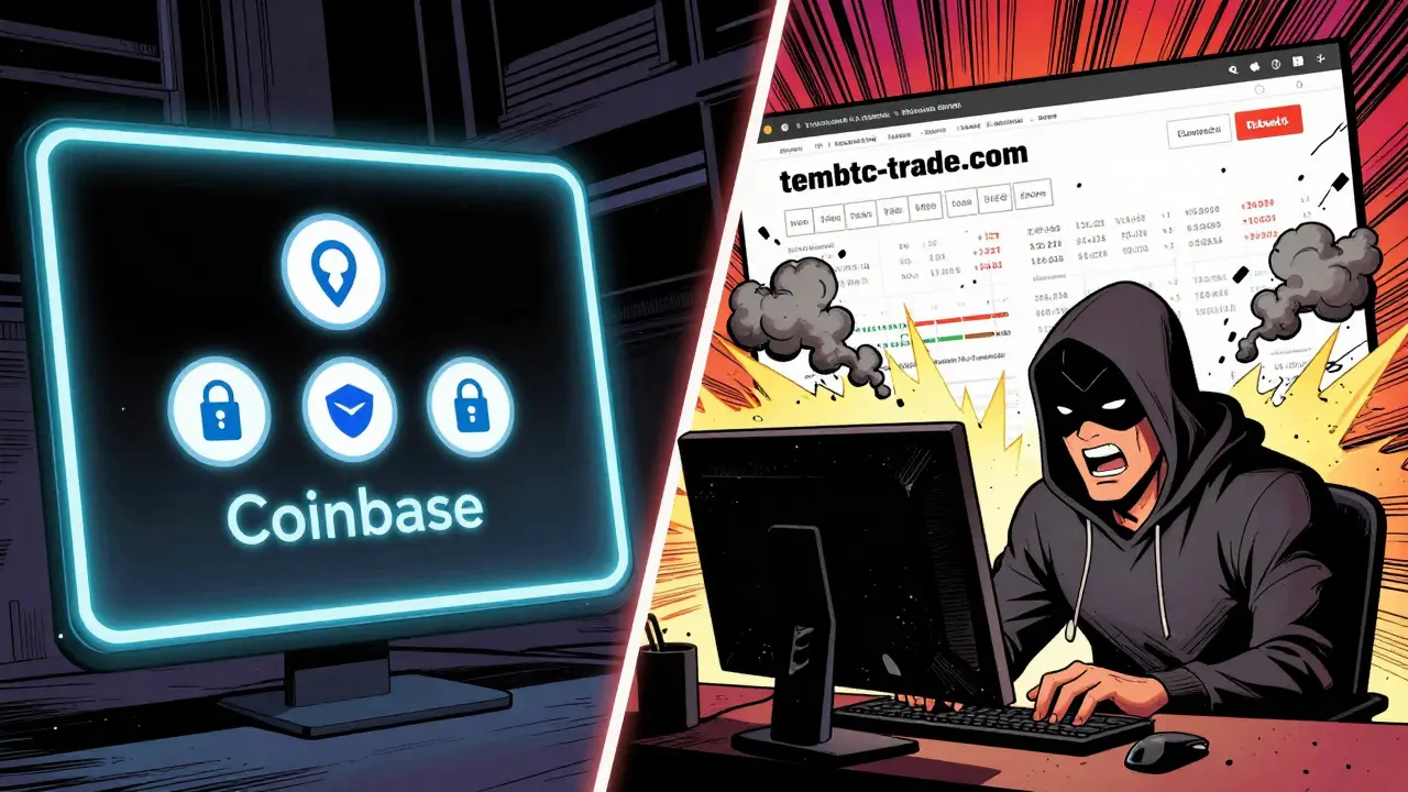 Split scene: legitimate crypto exchange vs. crumbling scam website with a masked scammer behind a monitor.