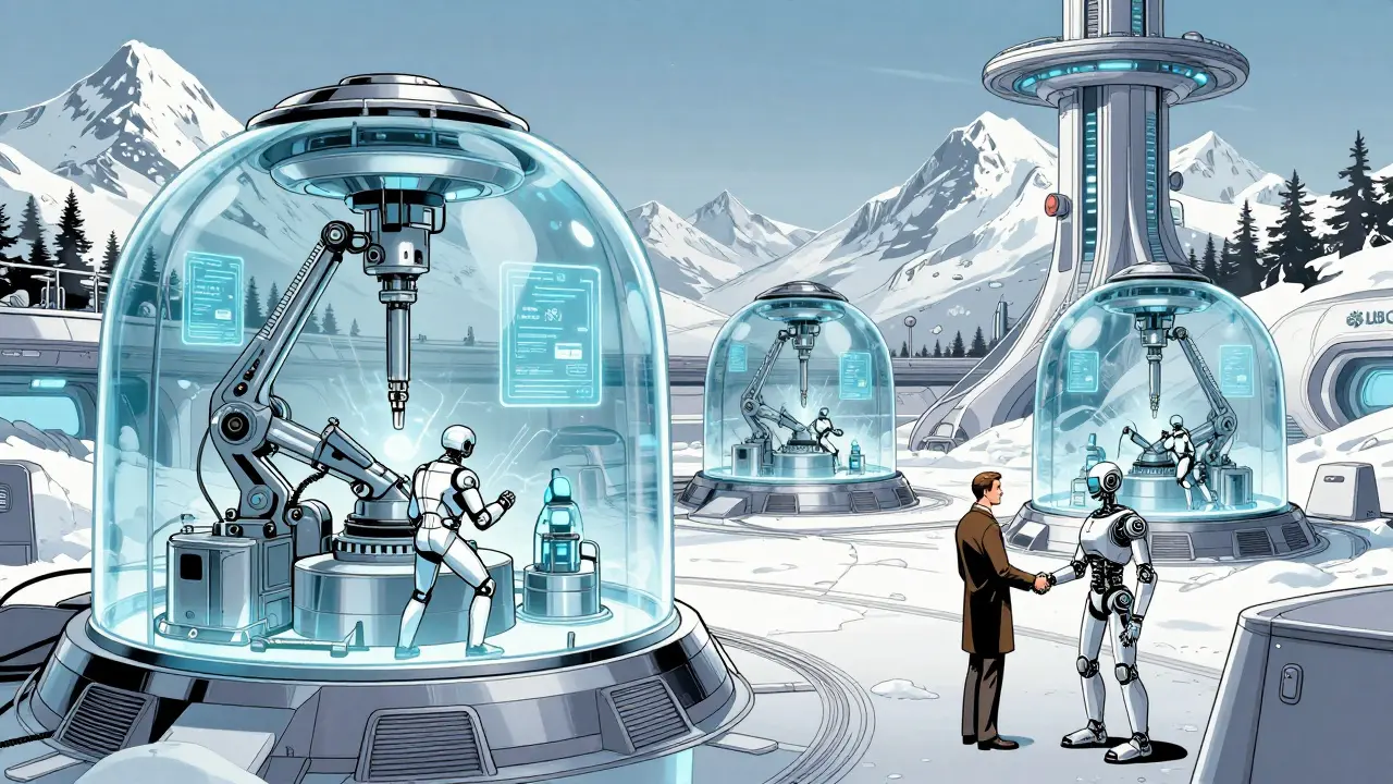 Swiss mining hub in the Alps with clean energy rigs and digital carbon certificates in a futuristic setting.