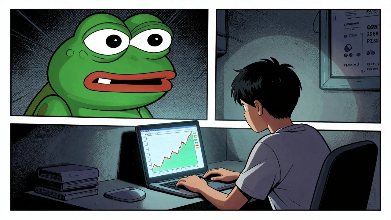 Teenager in bedroom watches PEPE price surge as a giant Pepe meme grins from the wall behind him.