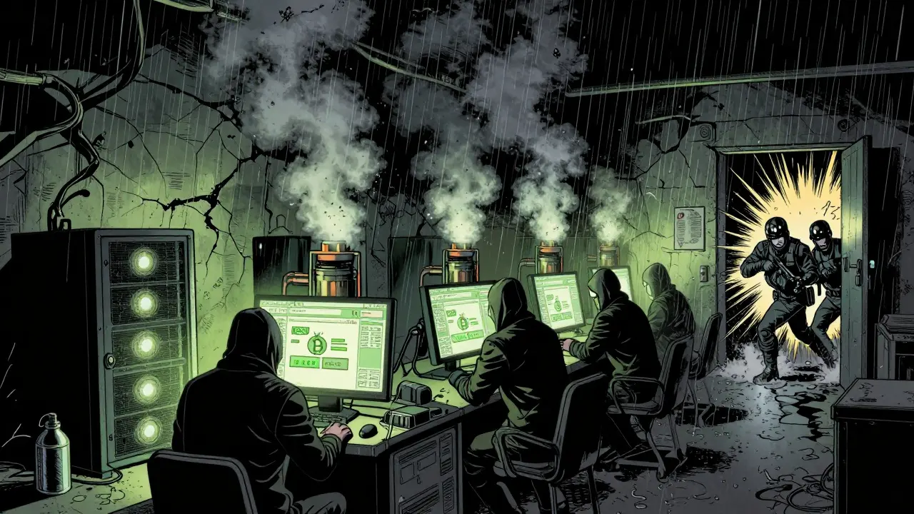 Underground Chinese mining operation with shadowy figures and flickering server lights during a raid.