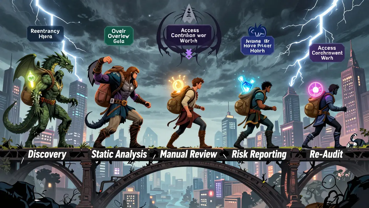 Warrior crossing five perilous bridges representing stages of a smart contract audit.