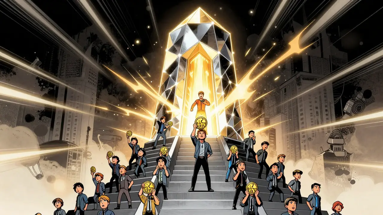 5,000 avatars ascending a blockchain node tower, each holding an SNE token as energy surges from the core.