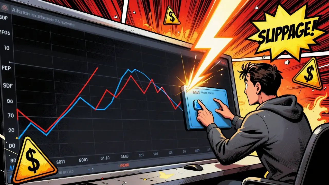 A chaotic thin order book with minimal depth, causing a violent price spike as a trader executes a market order.
