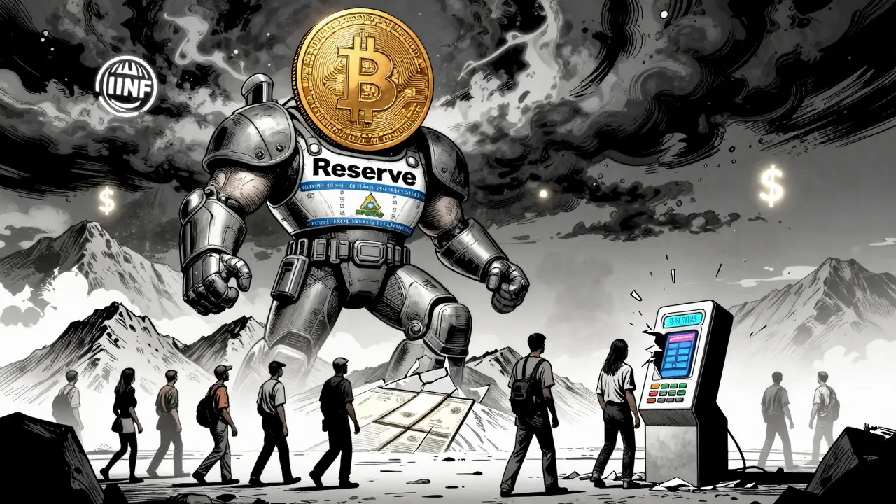 A colossal government figure holds a giant Bitcoin coin as people walk away from a broken payment terminal below.