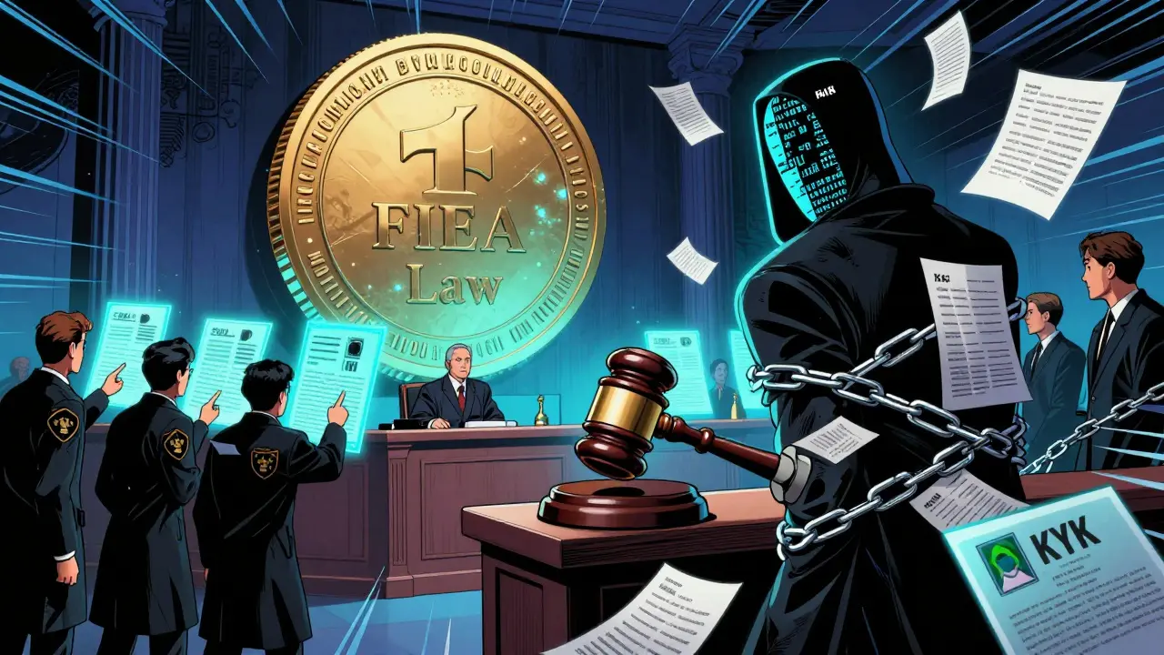 A courtroom where a digital token is presented under FIEA law as regulators confront a shadowy DeFi figure with KYC chains.