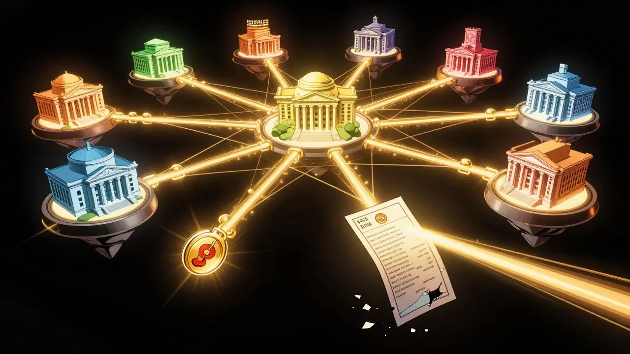 A decentralized blockchain network of institutions connected by glowing energy streams, with a ballot token speeding through it.