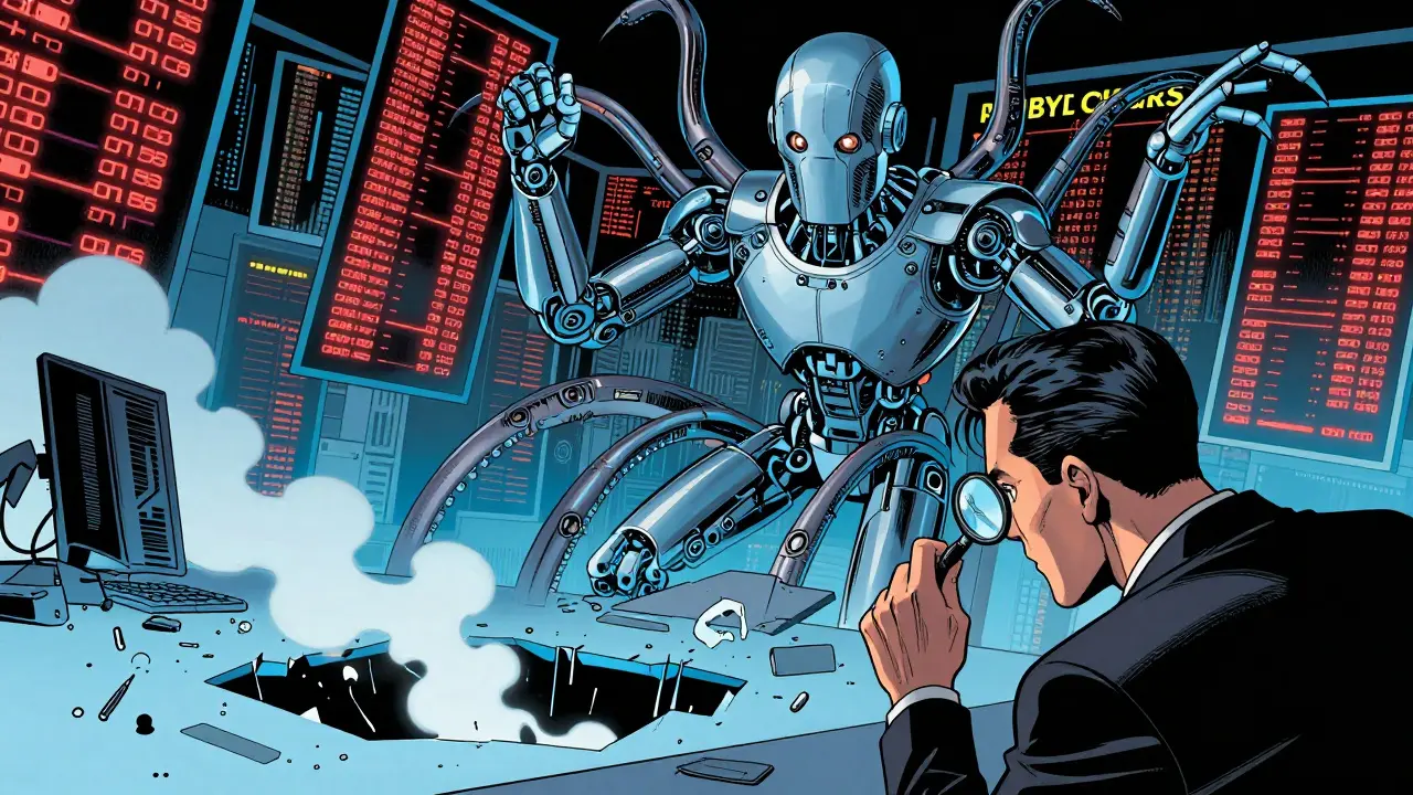 A deceptive order book with fake liquidity being manipulated by a hidden trading bot, revealing hidden fragility.