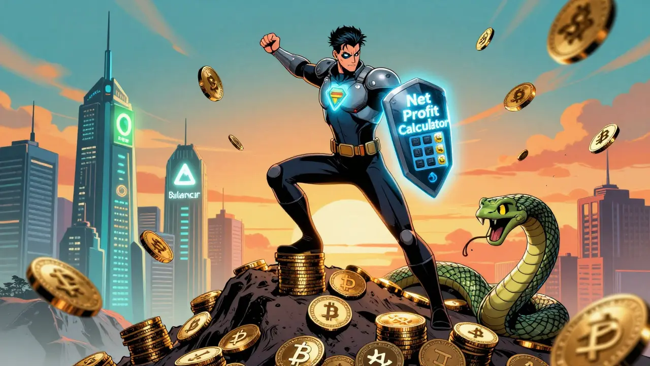 A DeFi superhero uses a calculator shield to defeat a serpent of ignorance while standing atop volatile crypto tokens.