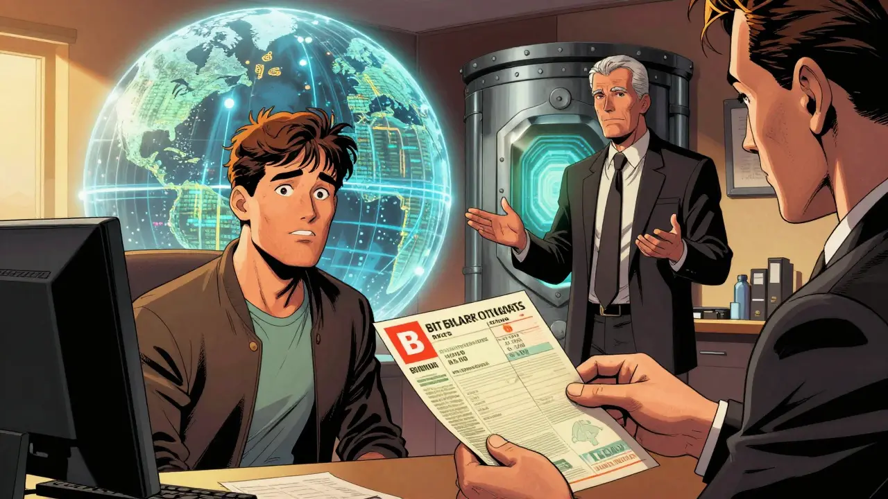 A family heir receives a stamped Swiss bank statement showing Bitcoin balance, with encrypted data flowing securely within Switzerland.