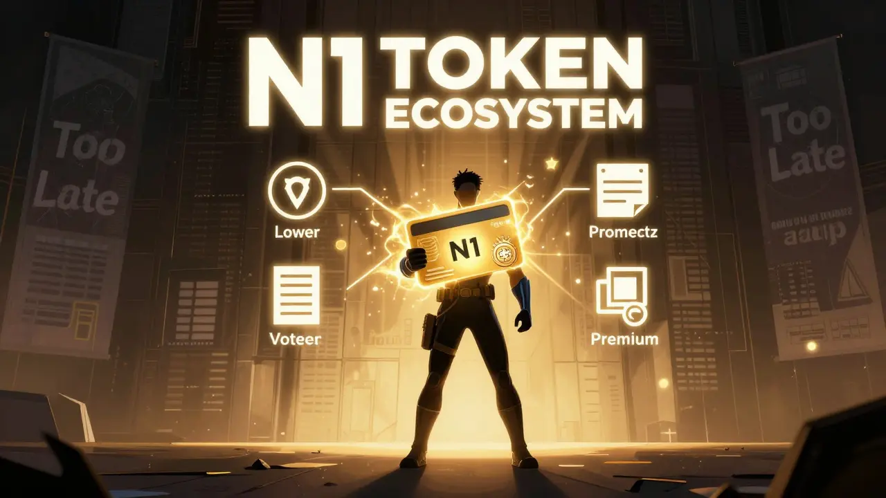 A figure holds an N1 token, surrounded by icons of platform benefits and legacy airdrop banners.