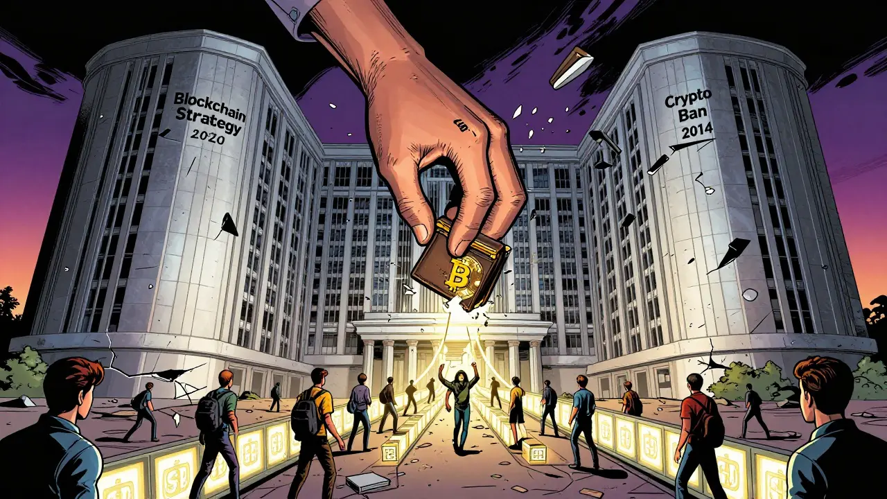 A fractured government building shows conflicting policies on blockchain and crypto ban, with citizens building a digital bridge.