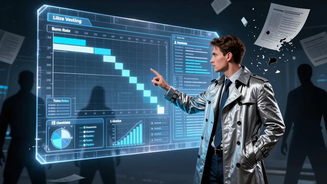 A hero analyzing a transparent blockchain dashboard as confusing hidden schemes crumble behind them.