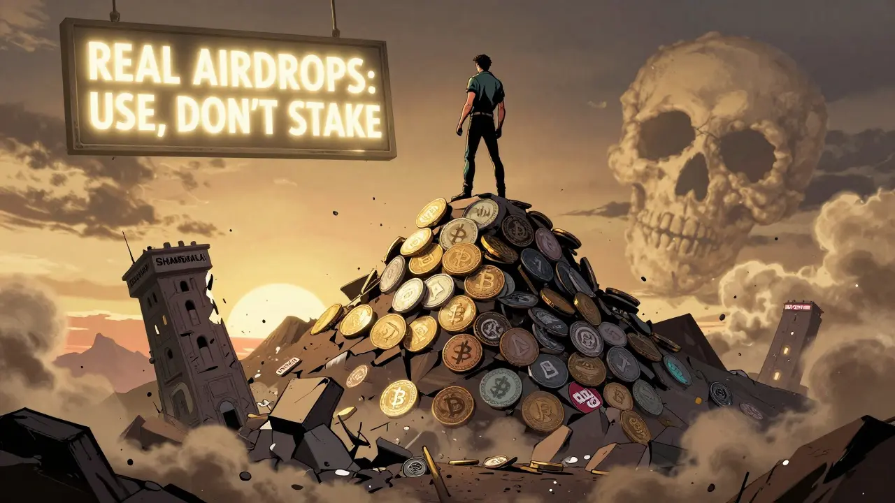 A hero stands atop real crypto tokens as the Shambala tower collapses into trash below.