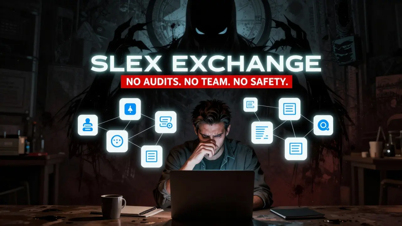 A lone trader at a laptop surrounded by trading icons, sinister SLEX logo looming with 'NO AUDITS. NO TEAM. NO SAFETY.' banner.