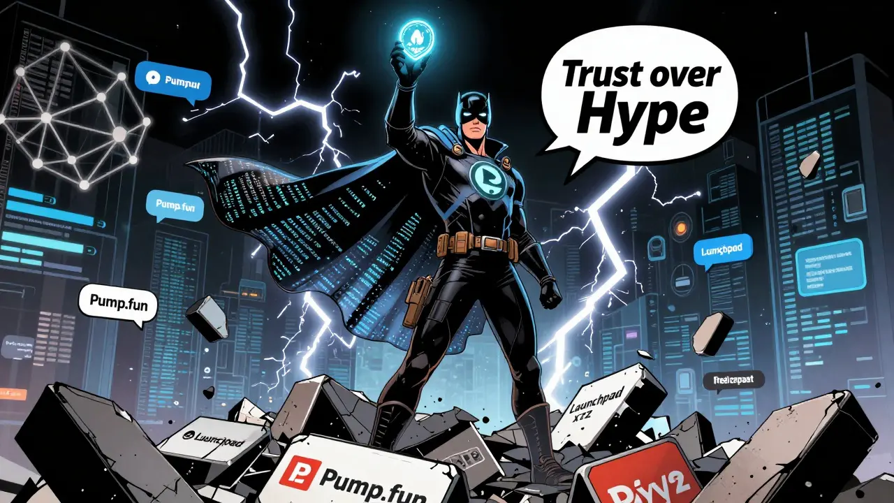 A masked hero holds up an APAD token, standing over fallen launchpad logos, cape made of code, declaring 'Trust over Hype'.