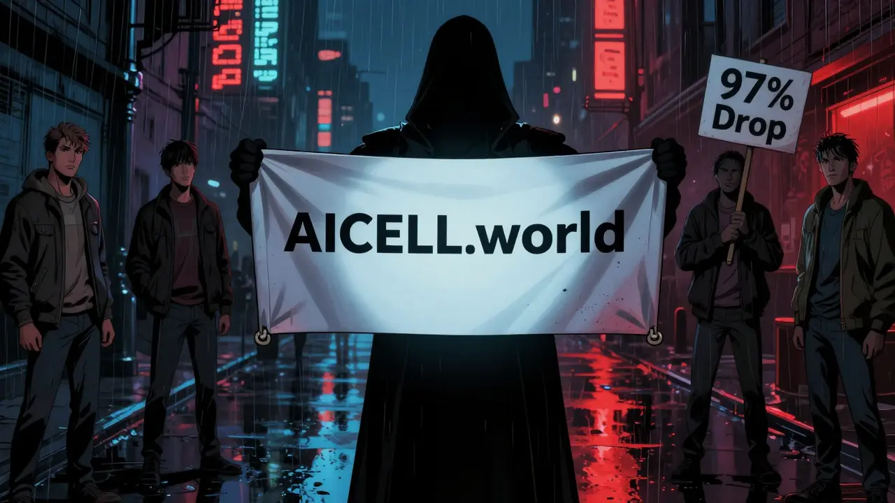 A shadowy figure holds an empty AICELL website as users walk away in disappointment.
