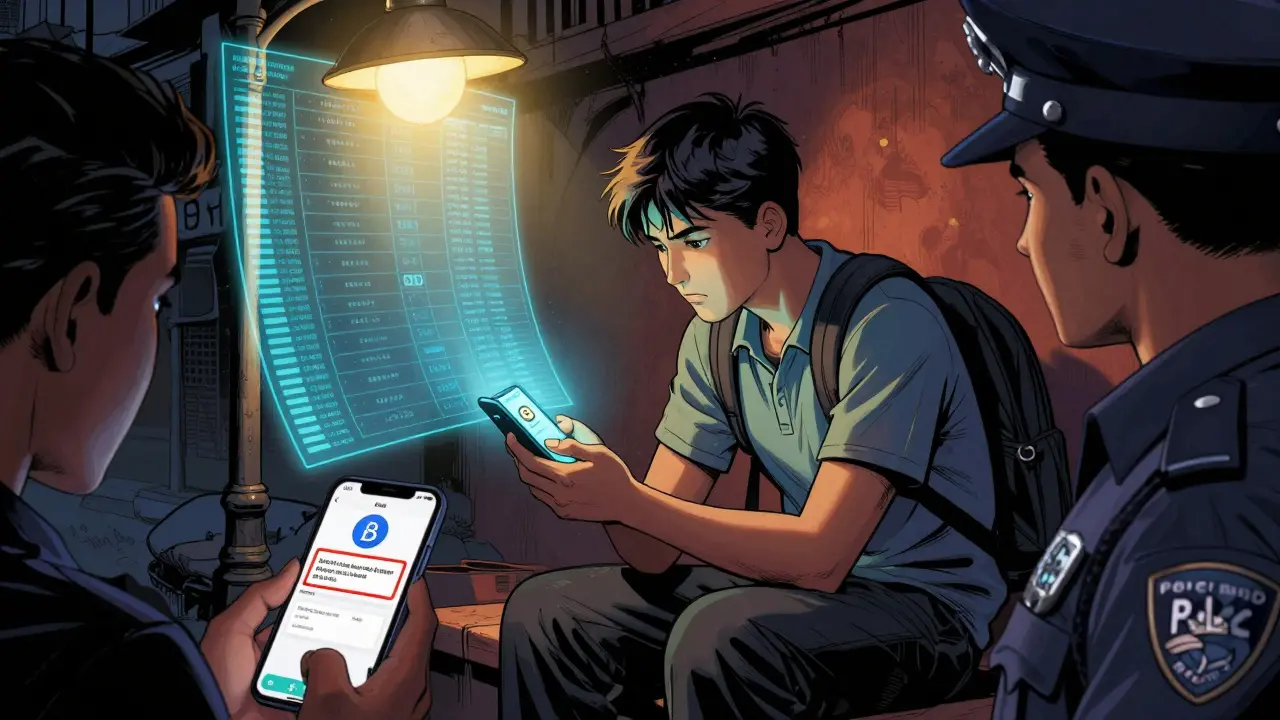 A student receives a Bitcoin payment on their phone while a blockchain ledger glows behind them.