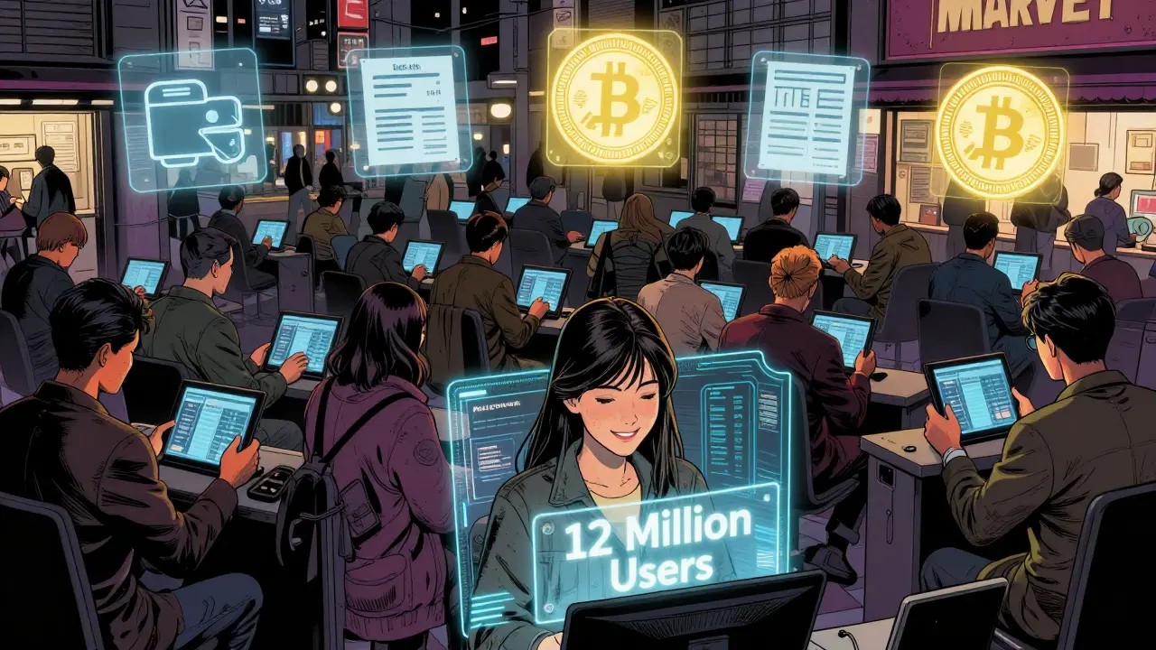 A Tokyo trading floor where citizens trade crypto under floating FSA compliance icons, with a '12 Million Users' hologram behind a smiling trader.