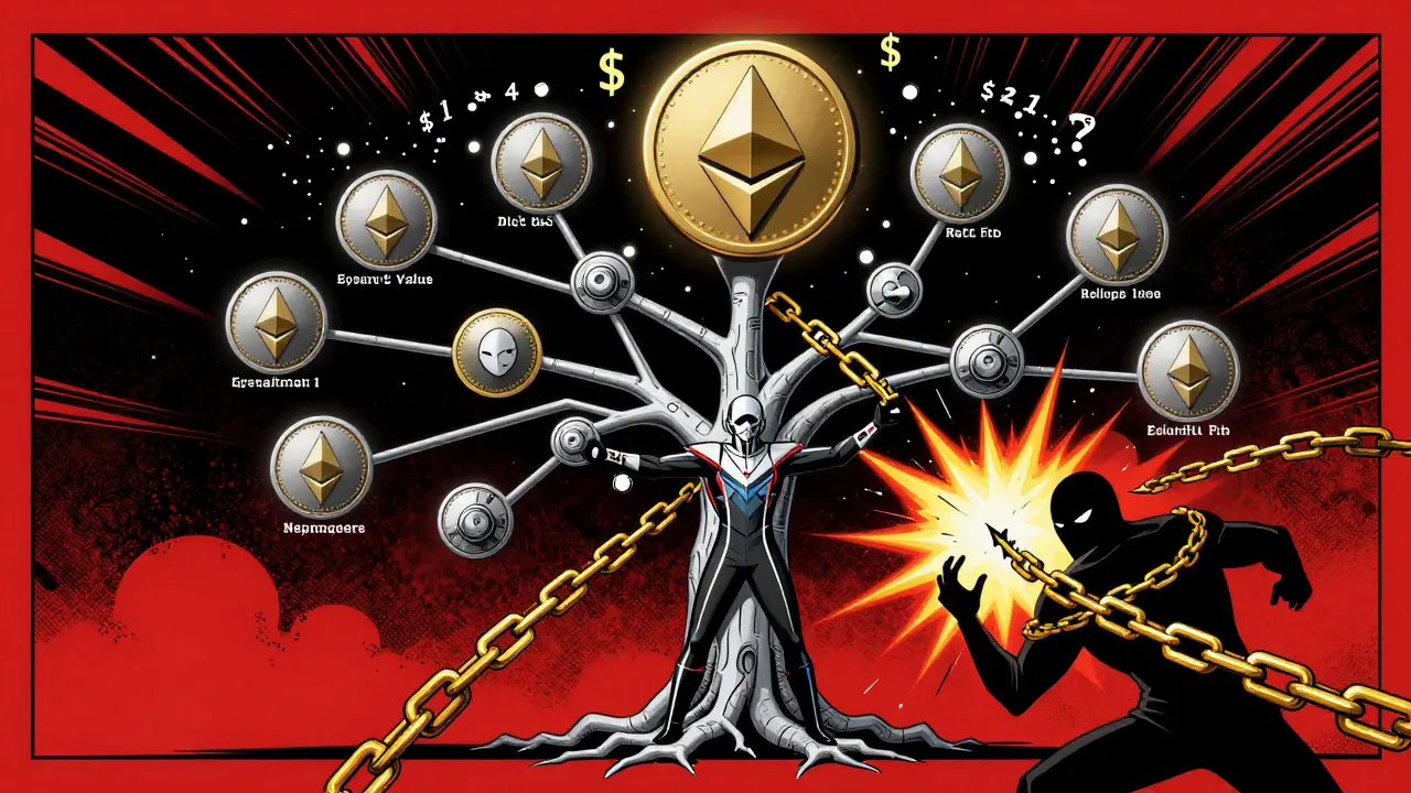 A validator securing multiple Layer-2 networks as a shadowy attacker is defeated by golden slashing chains in a cosmic, high-tech scene.