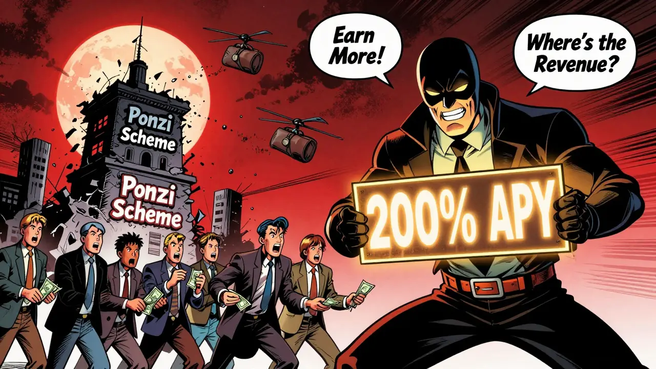 A villain offering 200% APY while investors line up, with team wallets escaping in helicopters, representing a yield trap.