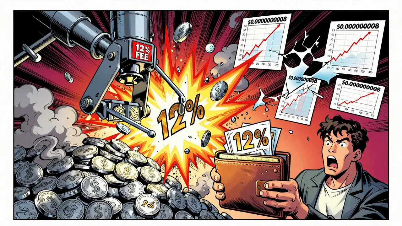 A wallet being drained by a mechanical claw as BALA tokens explode, with fake price charts cracking.