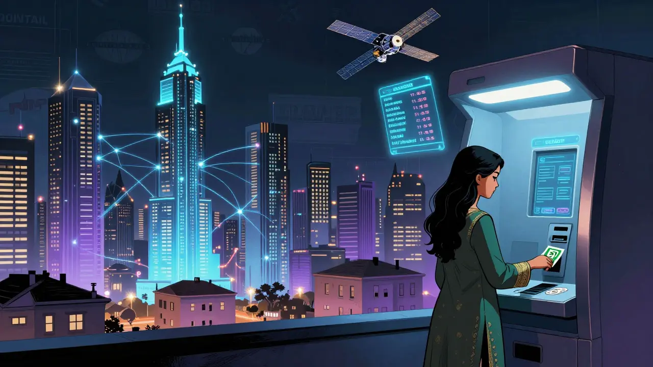 A woman pays her electricity bill with USDT in a futuristic city with hidden corporate logos.